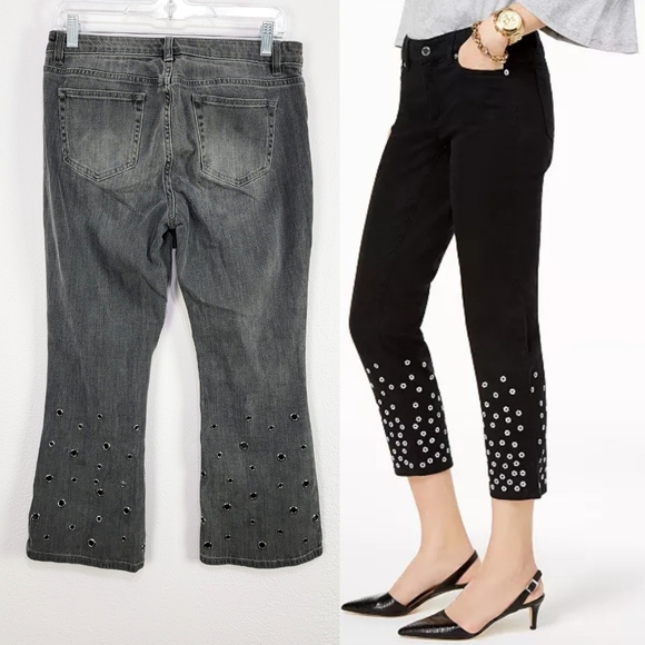 Michael by Michael Kors Embellished Metal Gray Wash Cropped Jeans Size 4 - Picture 1 of 14